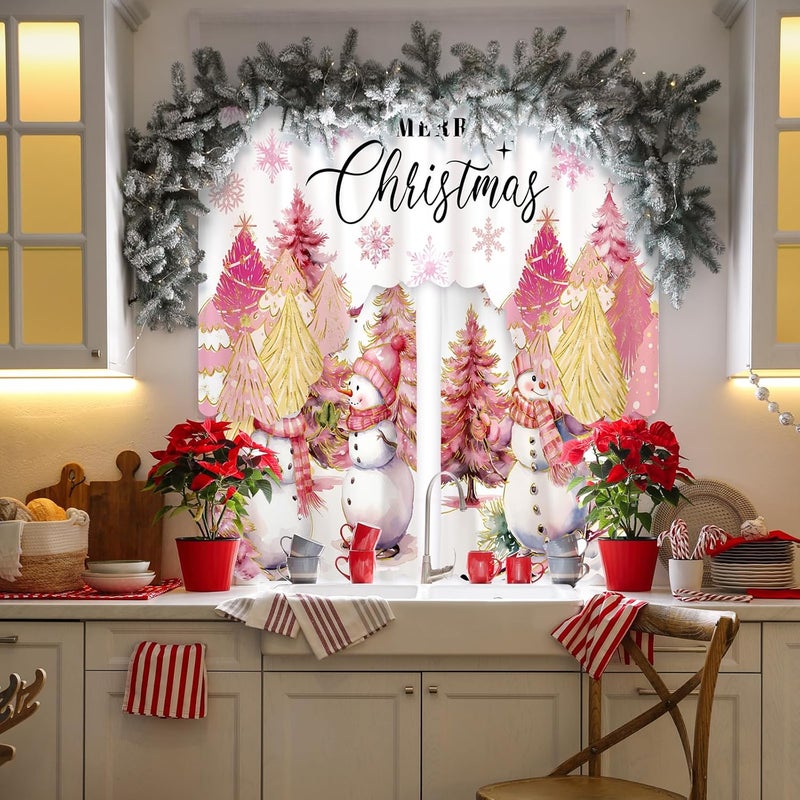 FuWeave Christmas Kitchen Curtains 3 Piece Set Pink Snowman Window Curtains and Valance Set Xmas Curtain Swag for Kitchen Bedroom Living Room Decor, 60 x 36 Valance, 36 x 30 Tier - Image 4